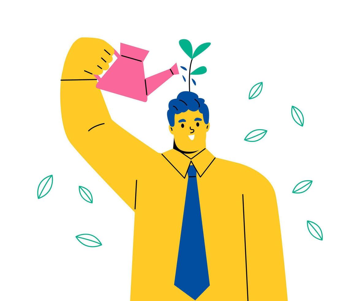 Business man learner using watering can to water growing seedling on his head. Self improvement concept. Flat illustration isolated on white background vector