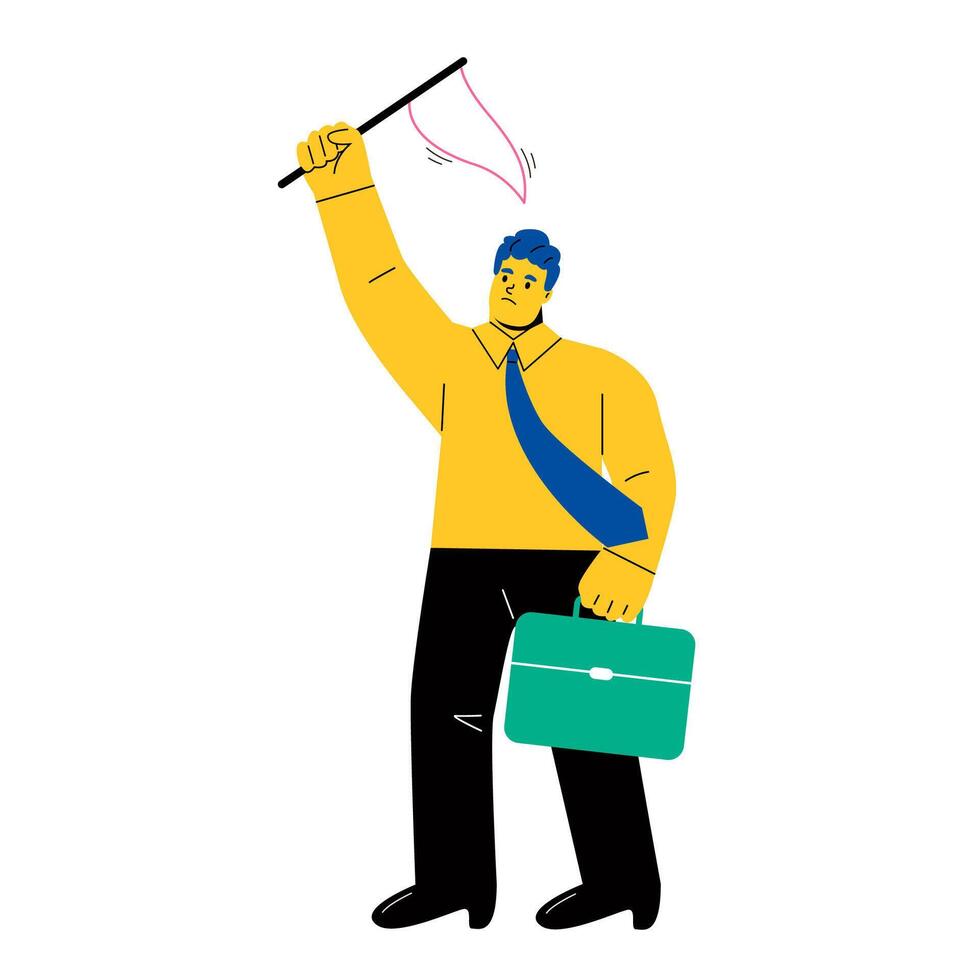 Sad business man. White flag in hand, Hand holding blank flag, show failure and lose. Flat illustration isolated on white background vector