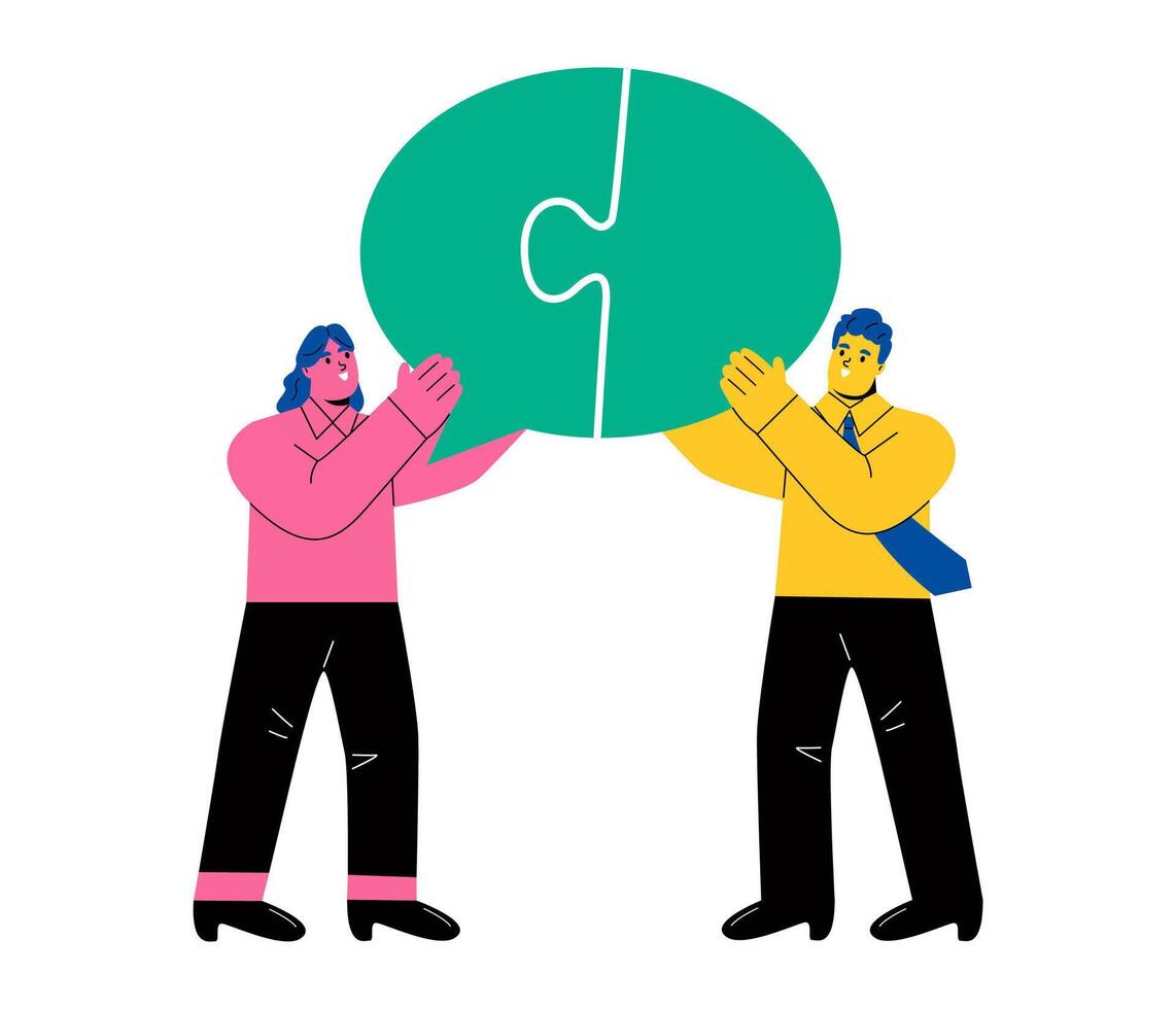 Business man and business woman with puzzle Competitive concept, business challenge. Flat illustration isolated on white background vector