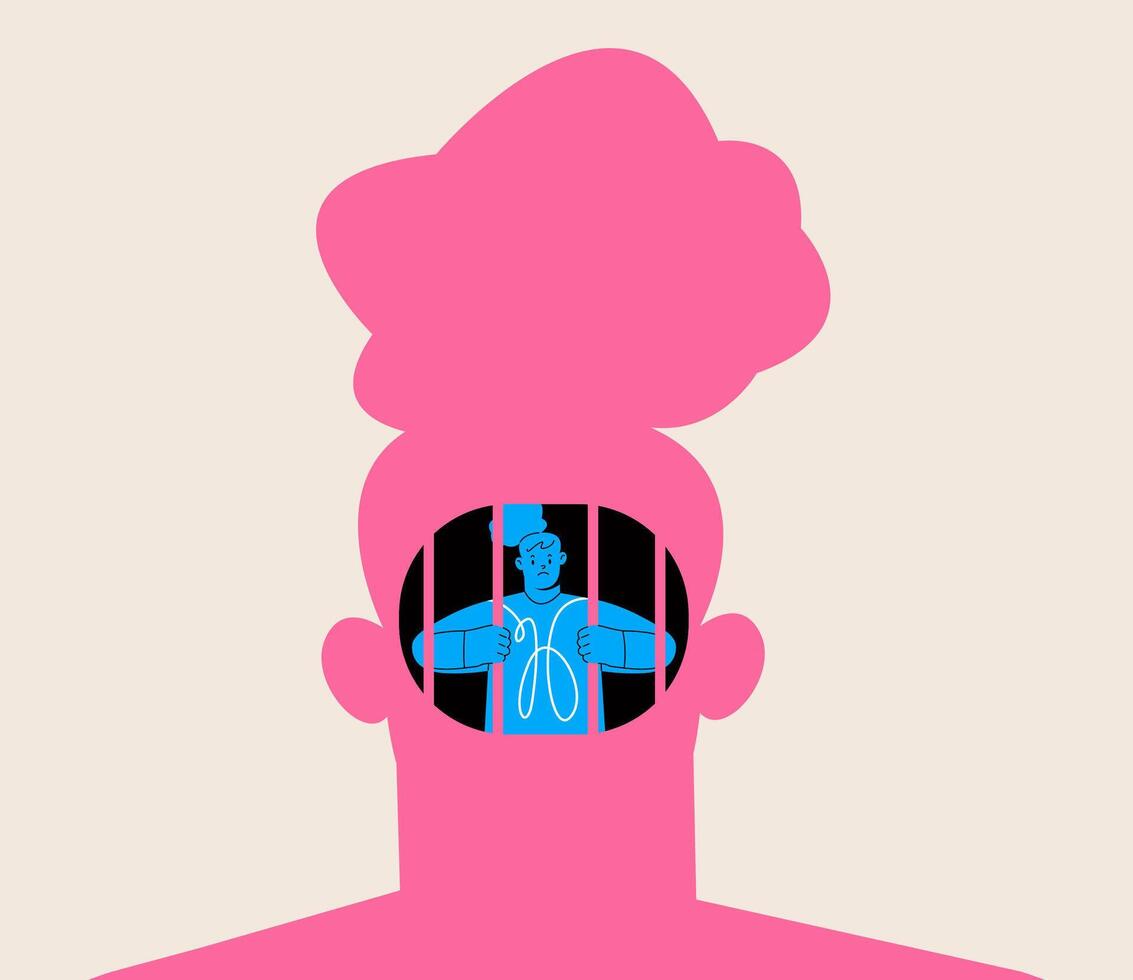 Woman in prison of abstract human head. Restriction of freedom of thought. Colorful illustration vector