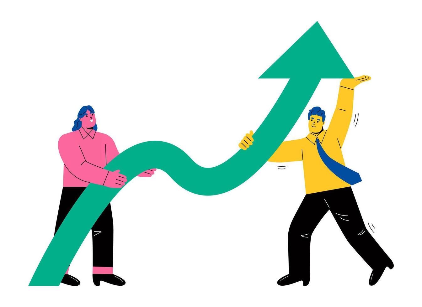 Business man and Business woman lifting up a financial graph and arrow. Flat illustration isolated on white background vector