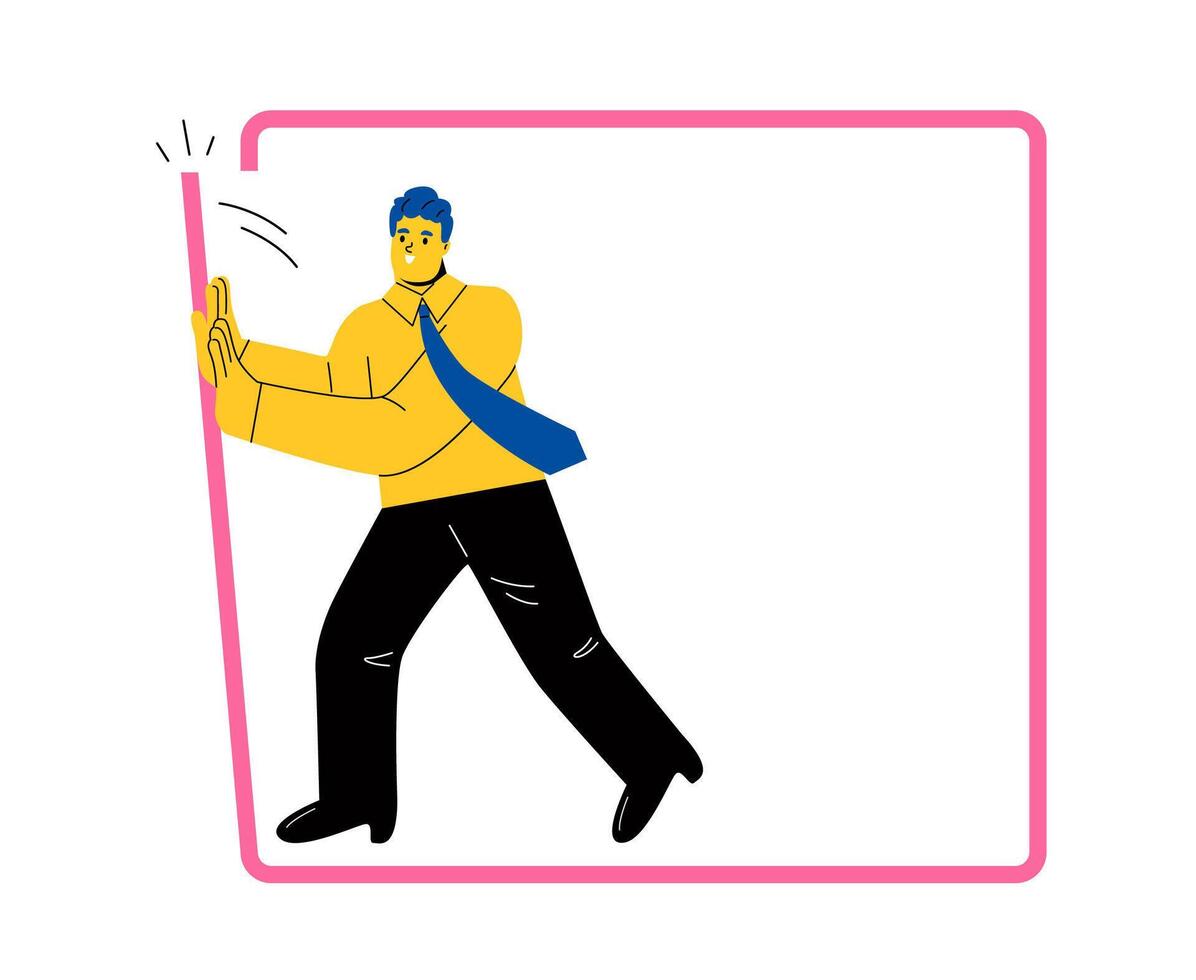 Going beyond limits. Businessman pushing to break boundary box. Flat illustration isolated on white background vector