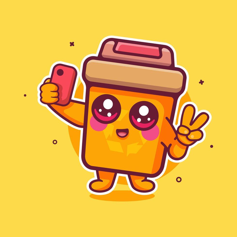 cheerful recycle bin character mascot taking a selfie with a smartphone isolated cartoon vector