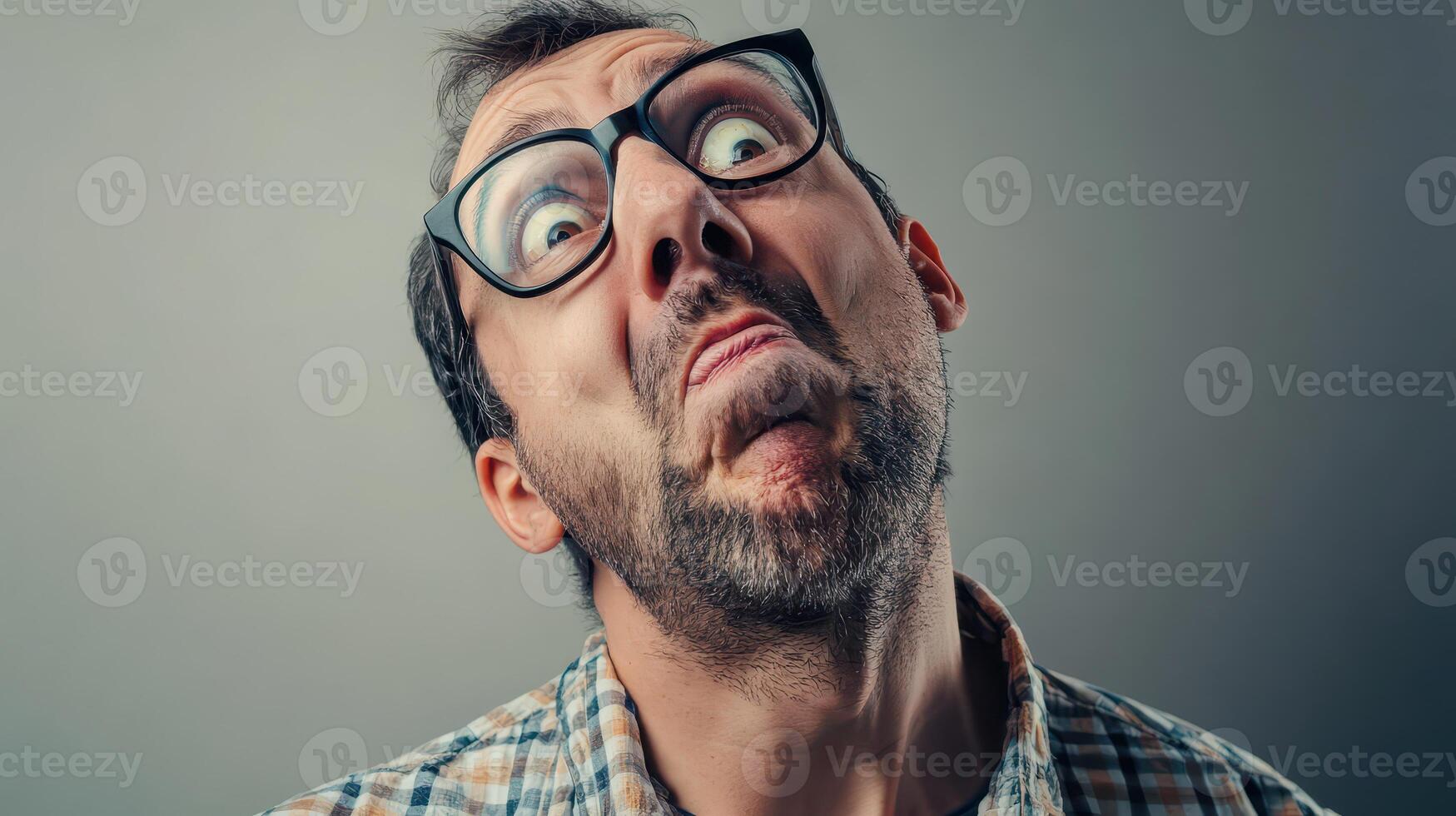 A man with glasses and a beard looking up photo