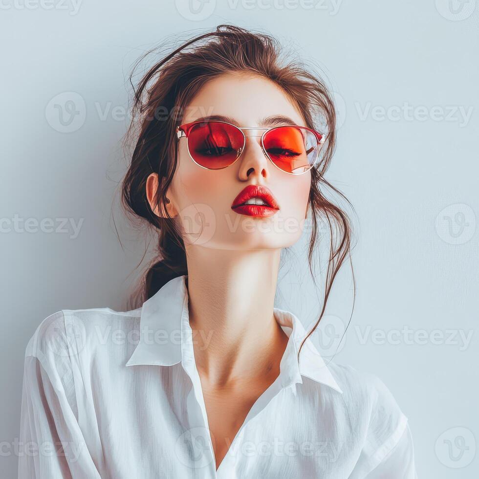 Beautiful woman in white shirt and red sunglasses photo