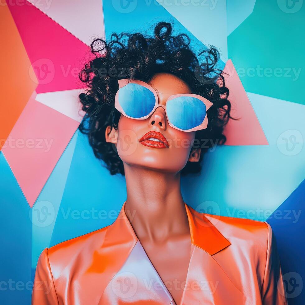 Beautiful woman with sunglasses and colorful background photo