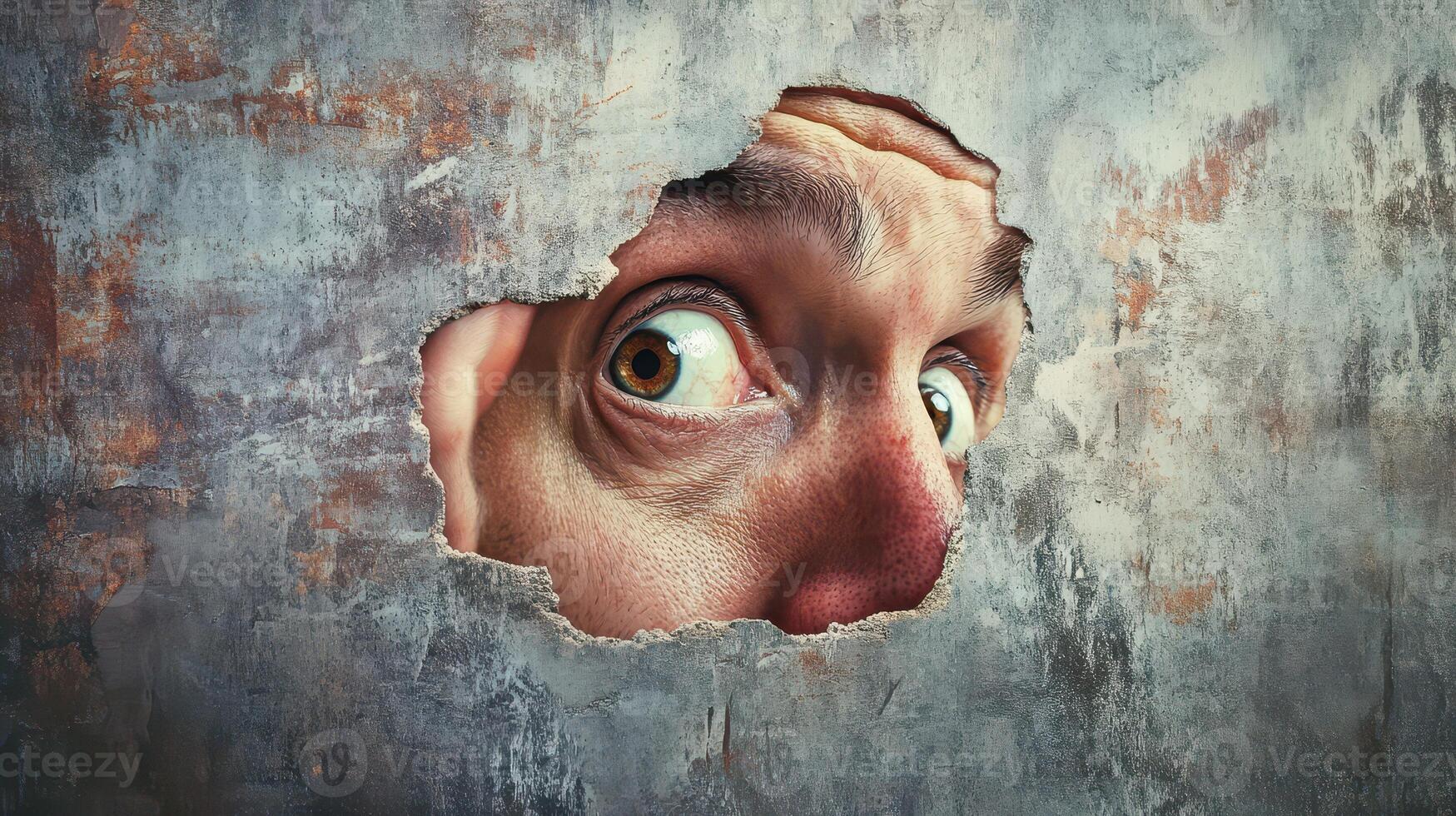 A man peeking out of a hole in a wall photo