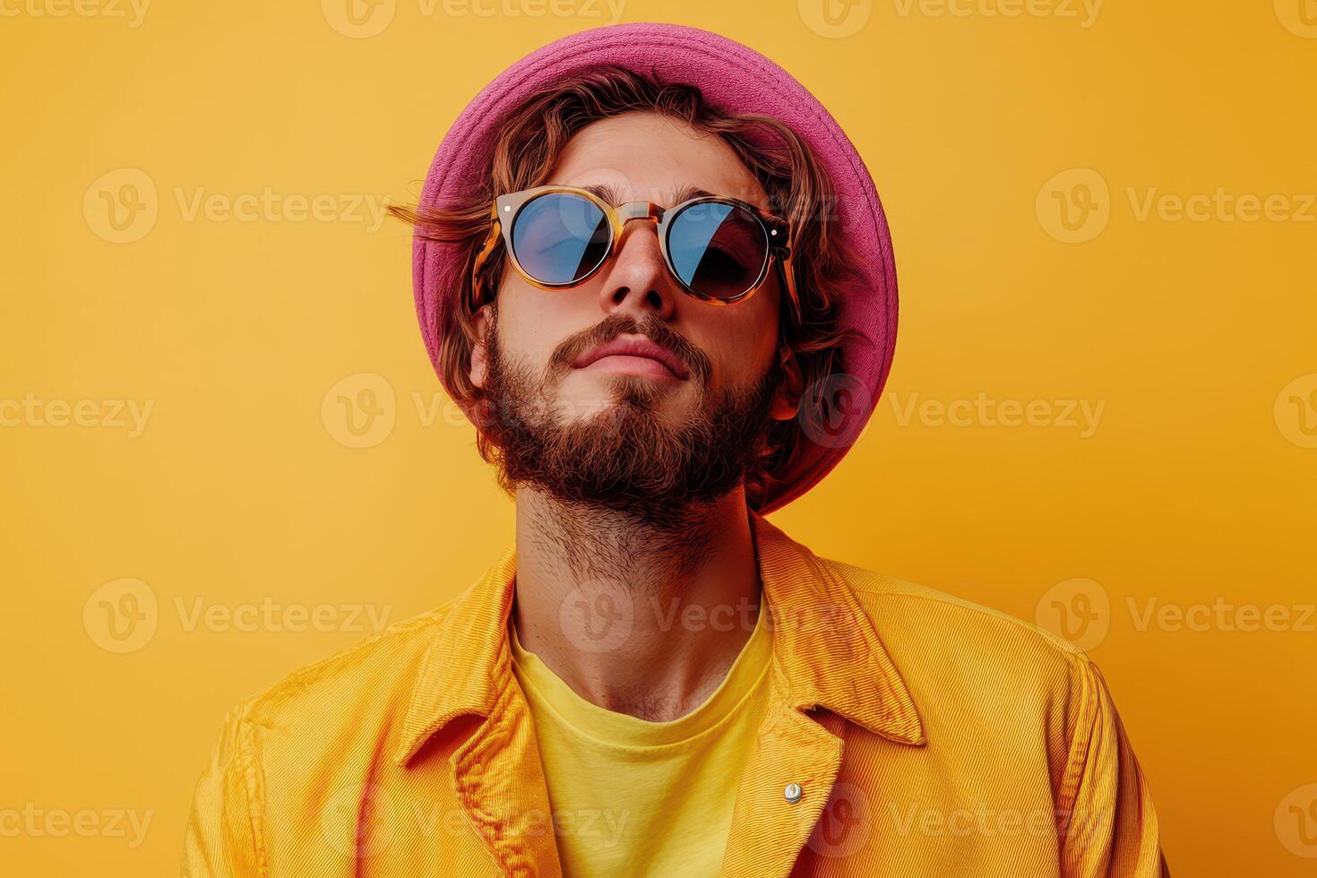 A man with sunglasses and a hat on a yellow background photo