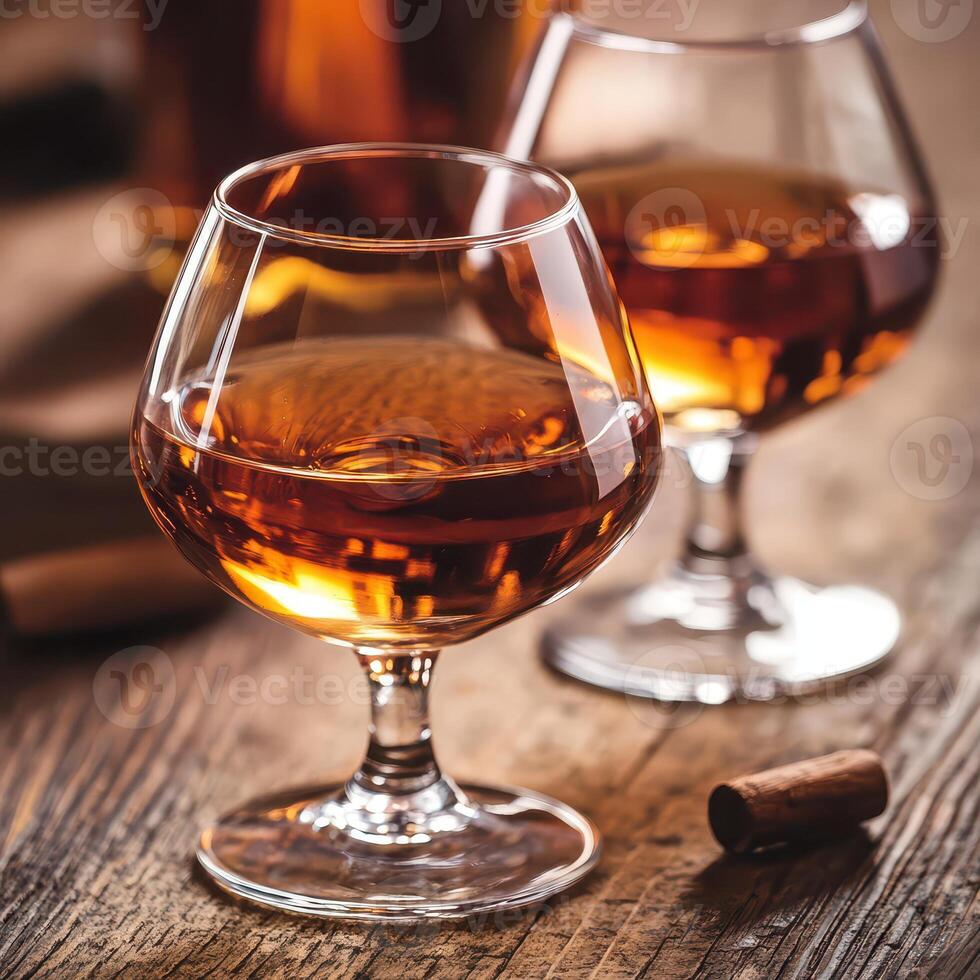 Two glasses of cognac on a wooden table photo
