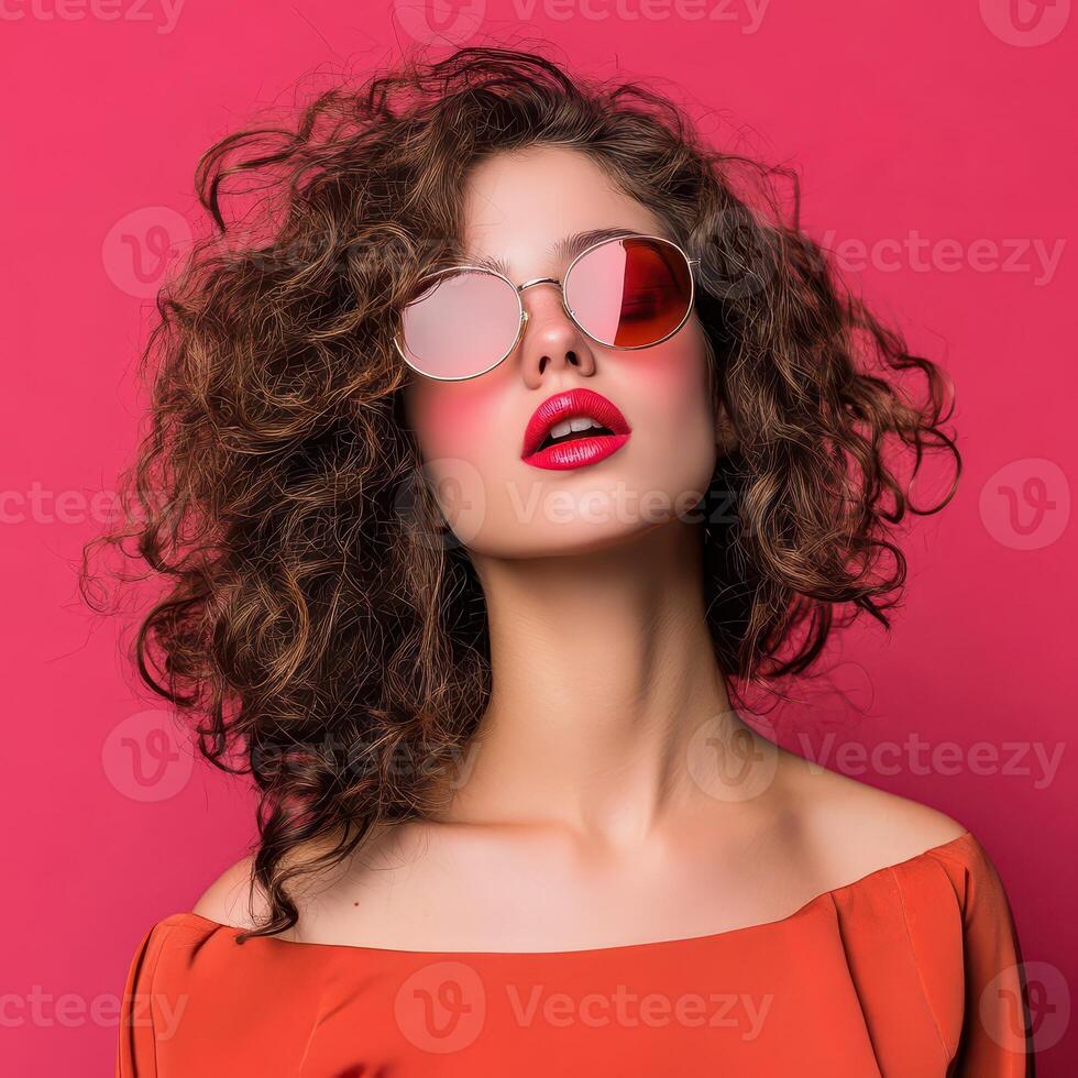 Beautiful woman with curly hair wearing sunglasses and red lipstick photo
