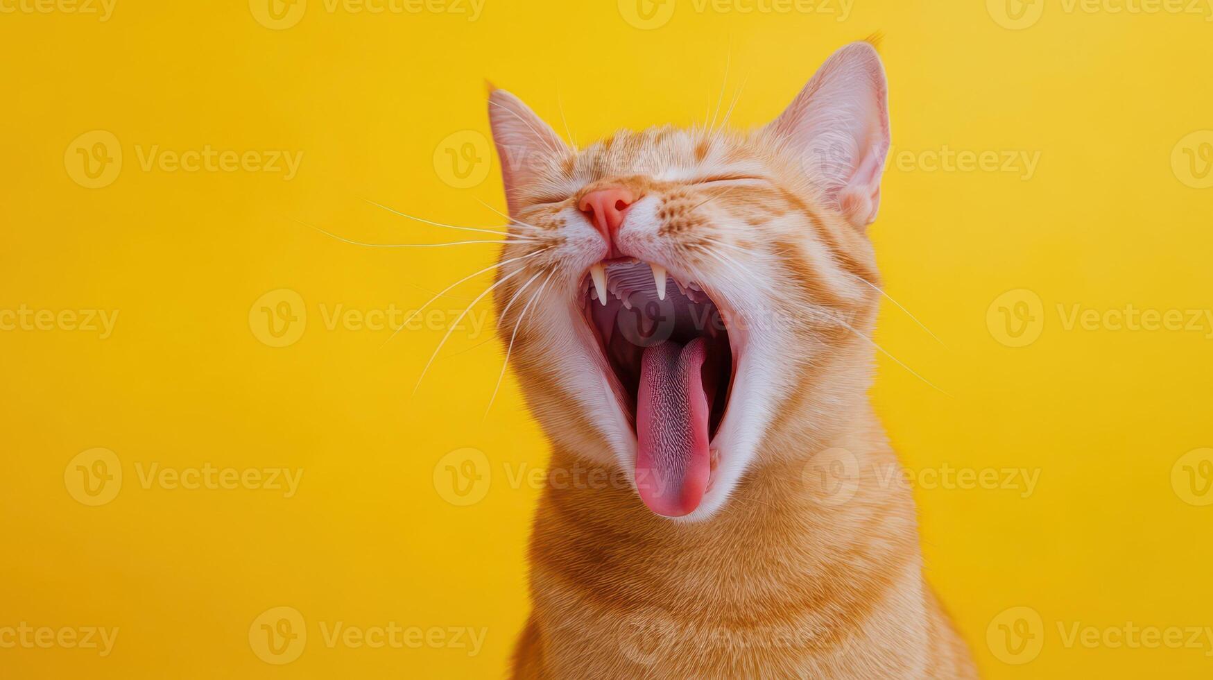 A cat yawning on a yellow background photo