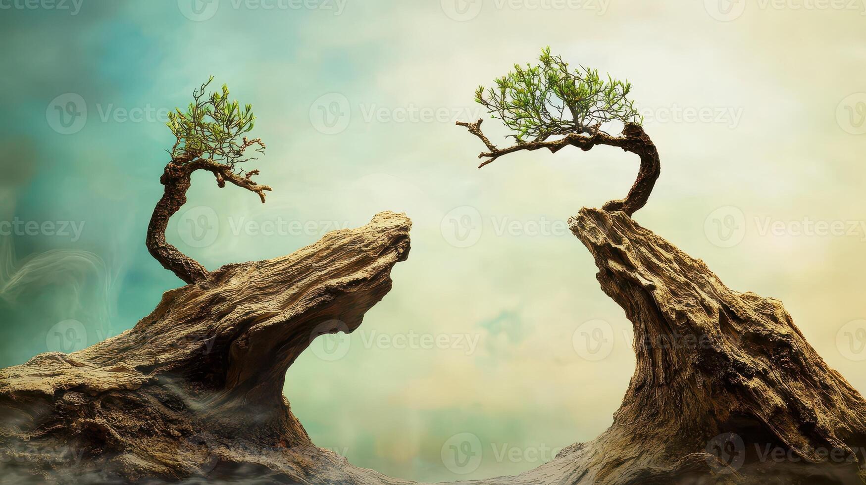 Two trees growing on top of a rock photo