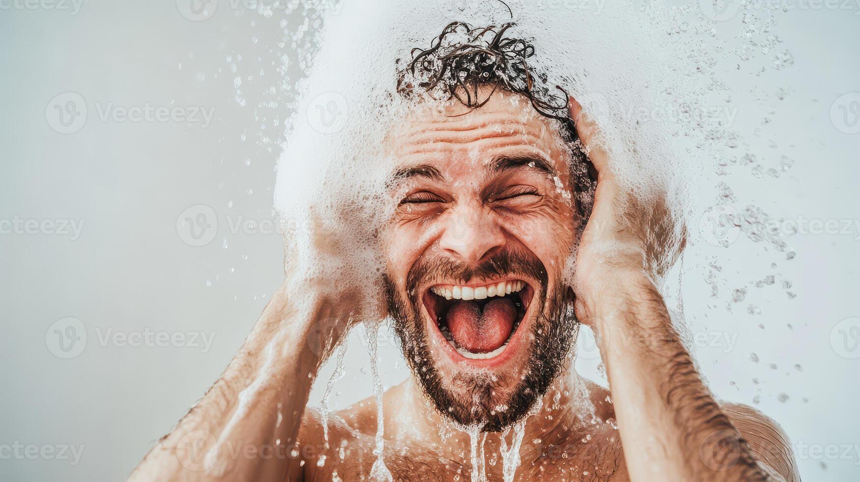 A man is laughing while taking a shower photo