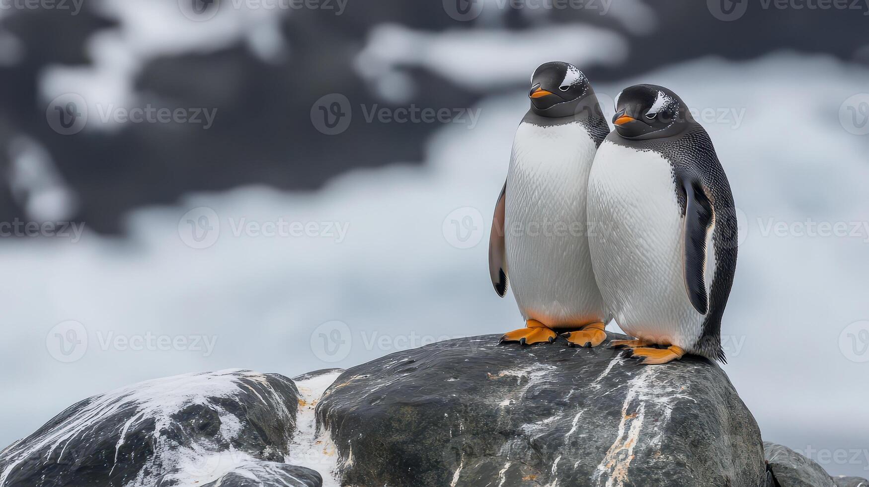 Two penguins standing on a rock in front of a snowy mountain photo