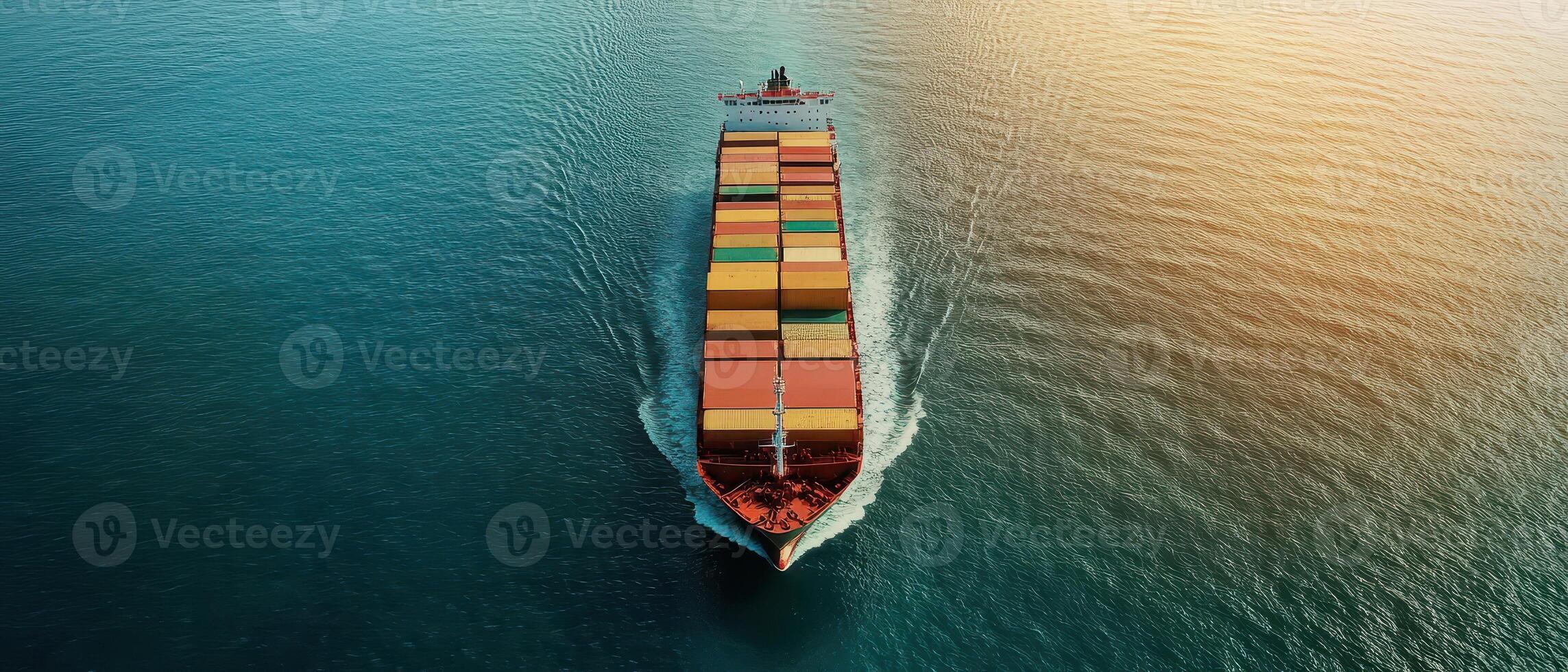 An aerial view of a container ship traveling across the ocean photo
