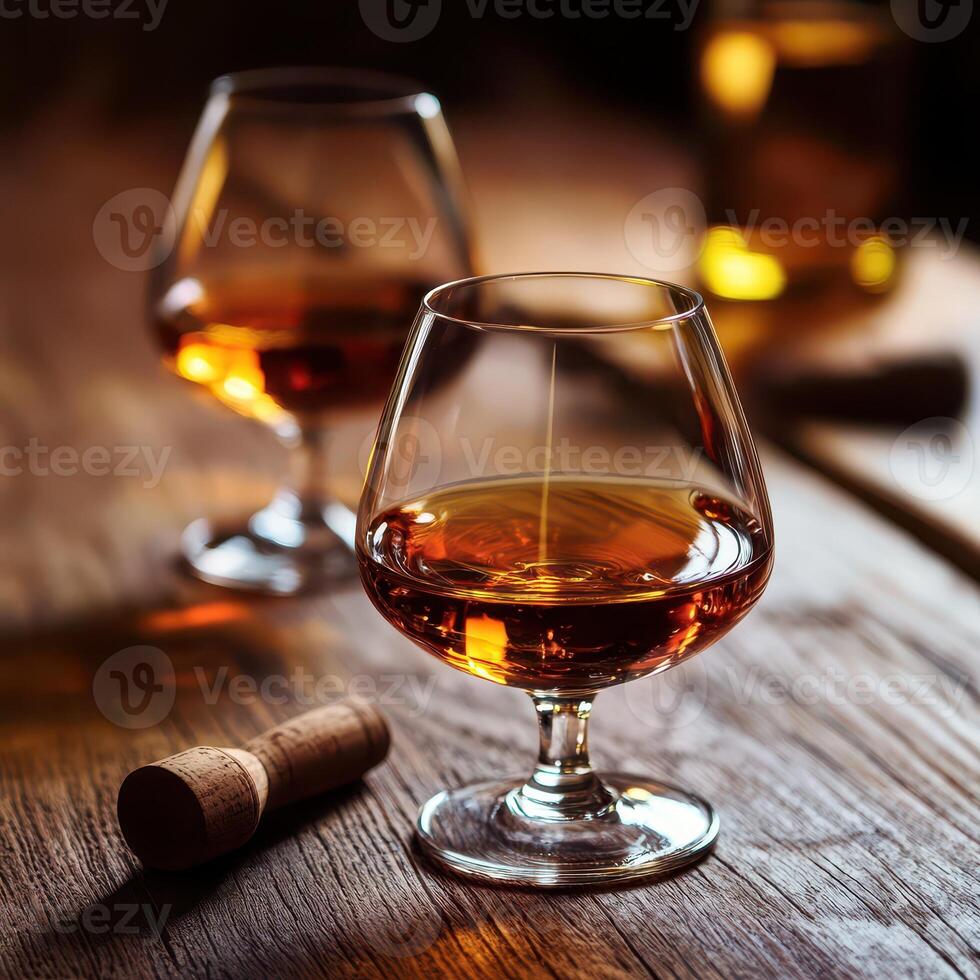 Two glasses of whiskey on a wooden table photo