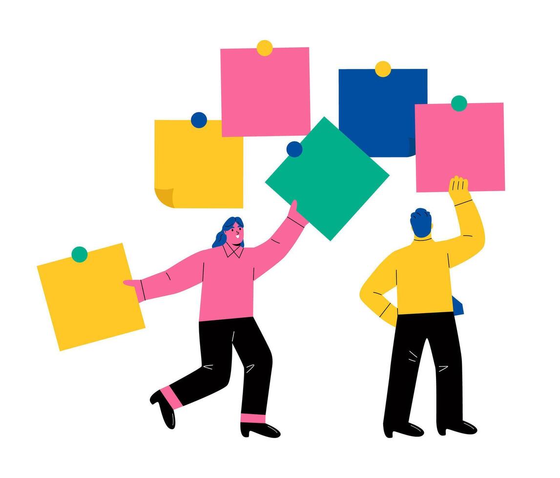 Business man and business woman put stick notes on board create strategy of project management. Flat illustration isolated on white background vector