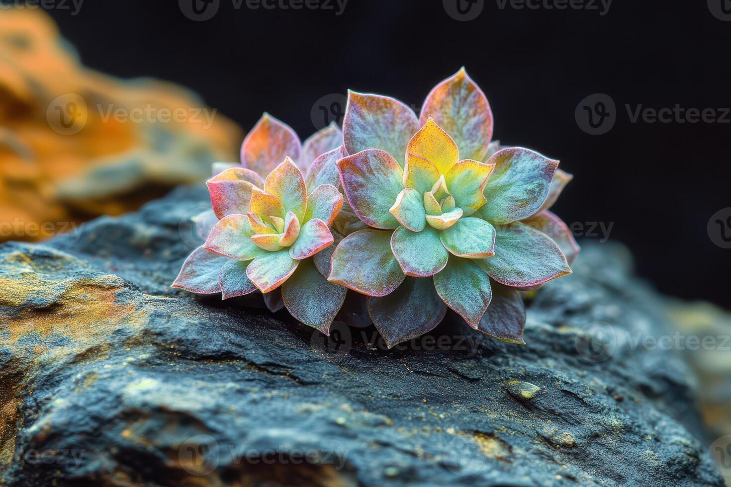 A succulent plant is sitting on top of a rock photo