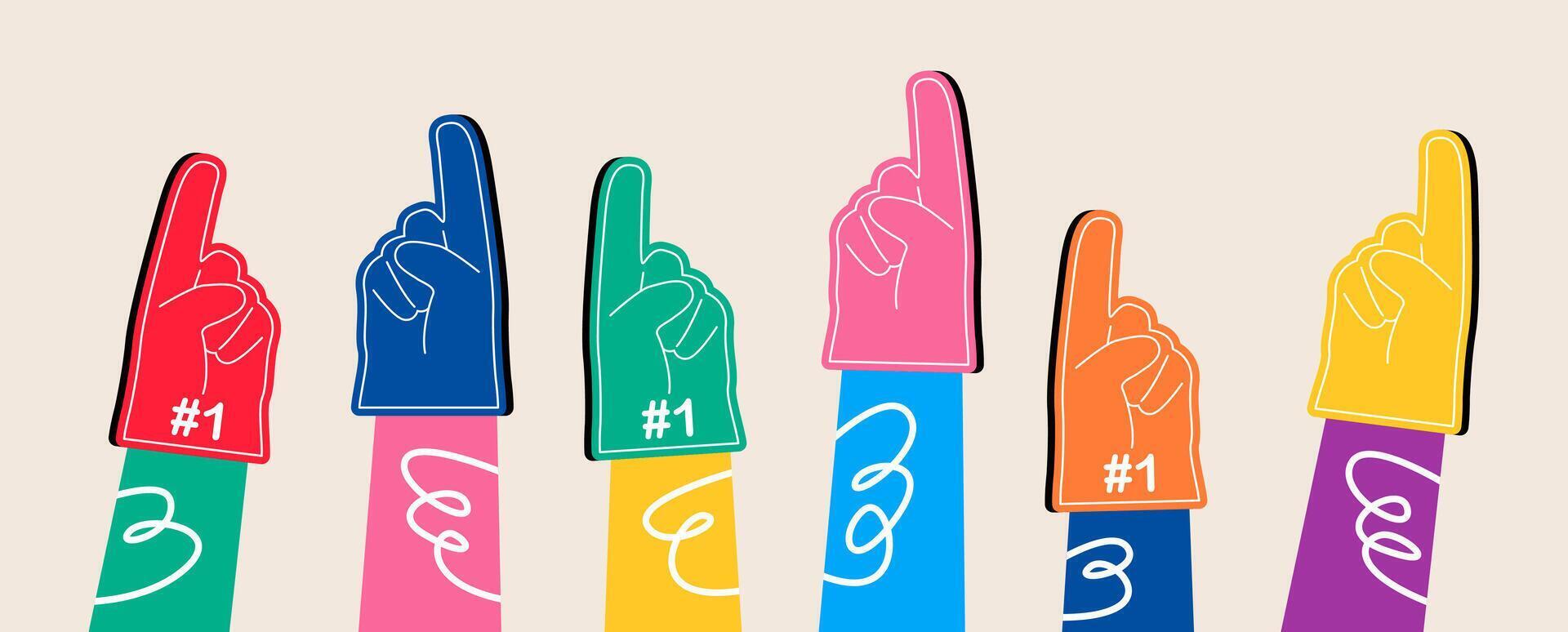 Hands of sports fans wearing foam fingers. Supporters cheering for team. Colorful illustration vector