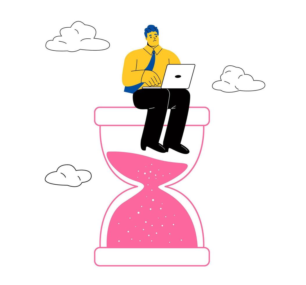 Business man sitting on an hourglass and working laptop procrastination.Time management deadline concept. Flat illustration isolated on white background vector
