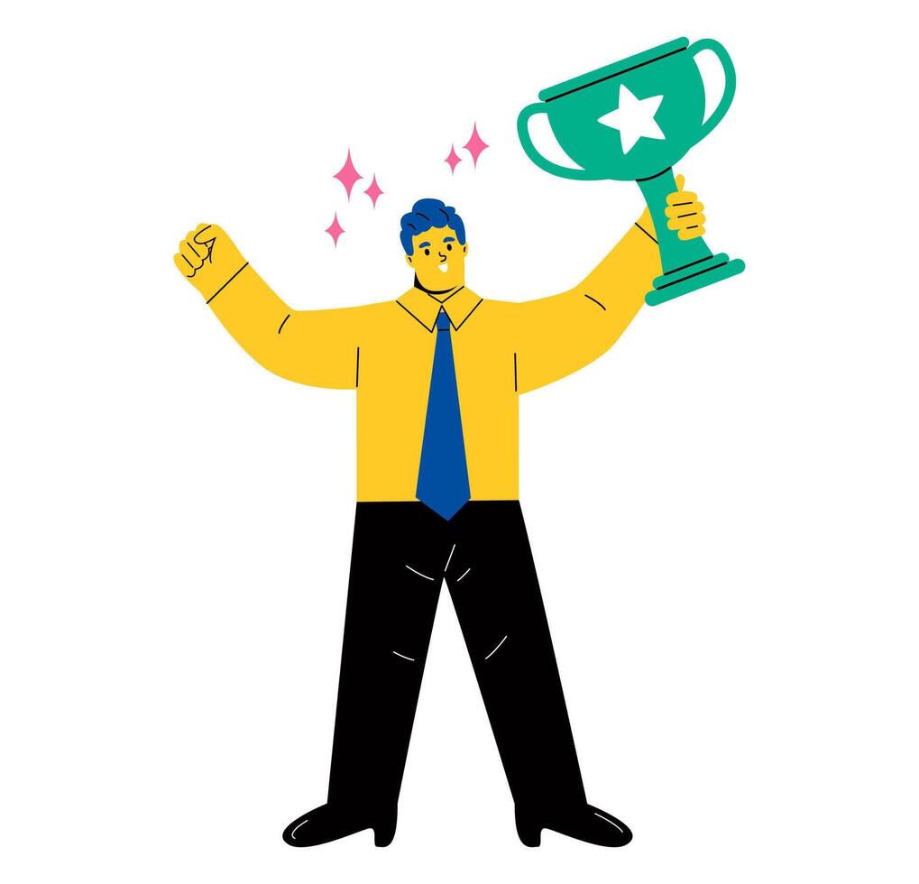 Business man holding up a gold trophy cup. Business to successful concept. Flat illustration isolated on white background vector