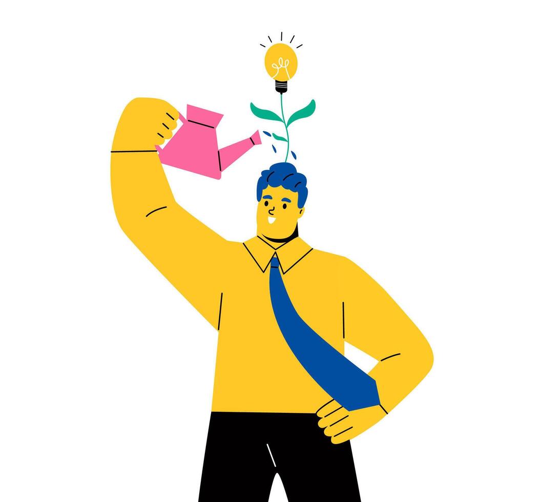 Business man watering a plant with a light bulb. Investment on an innovative concept. Flat illustration isolated on white background vector