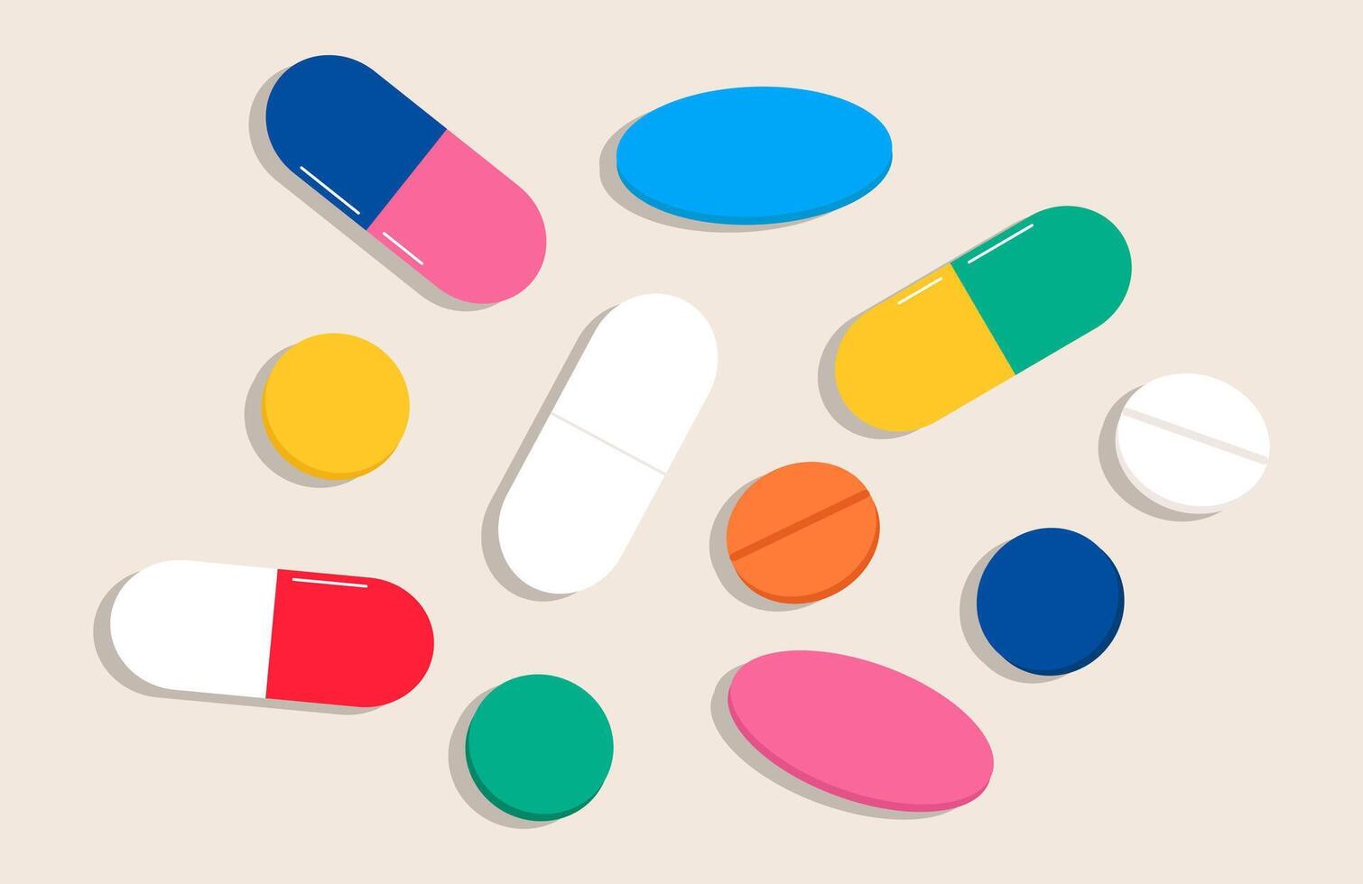 PrintColorful pills. Concept of medicine for patient, treatment, medication, health care, hospital, pharmacy. Colorful illustration vector