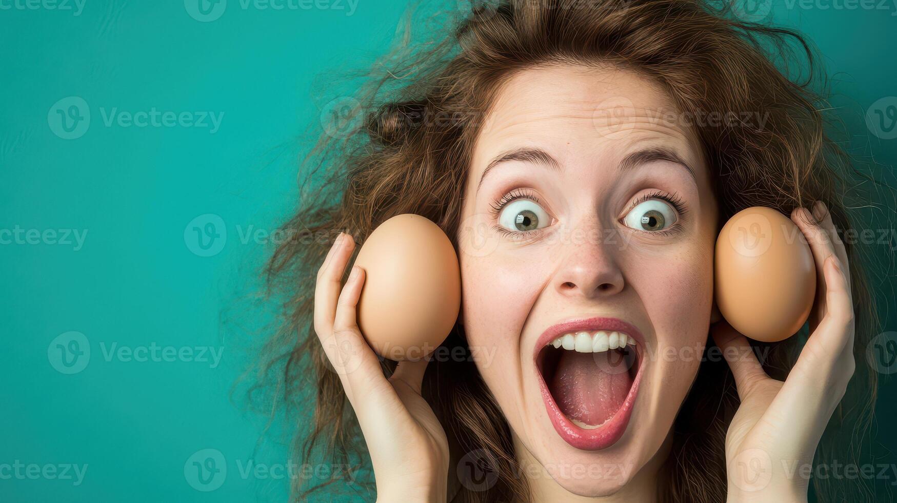 A woman holding two eggs on her head photo