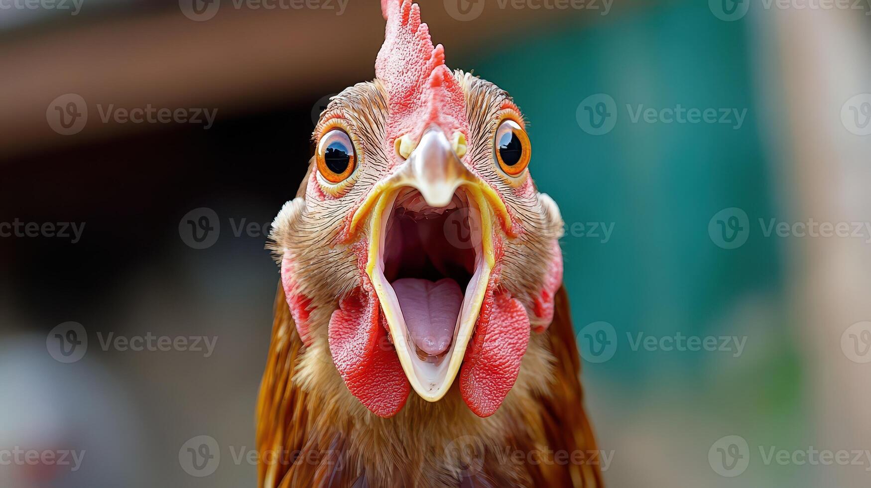 A close up of a chicken with its mouth open photo