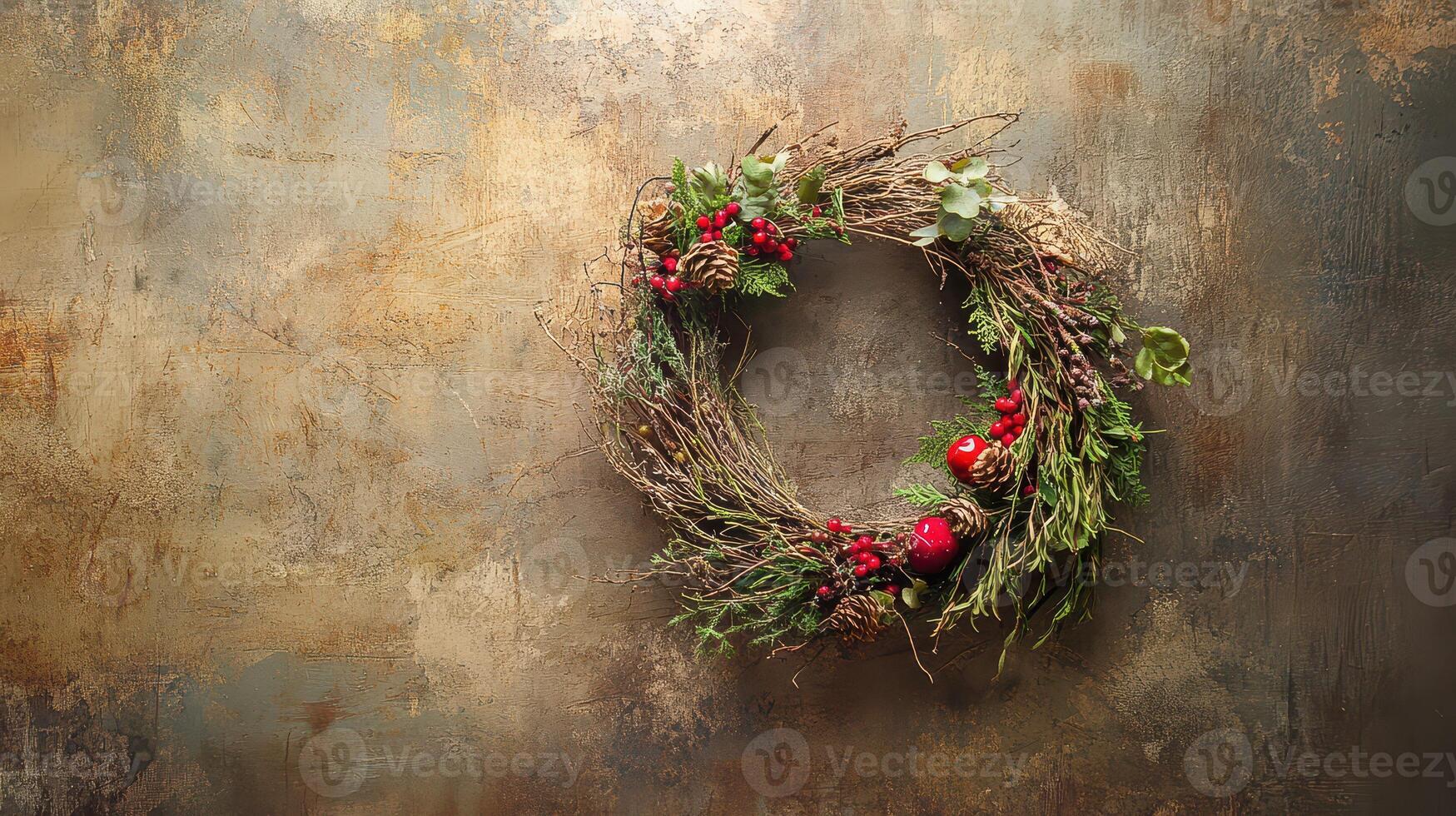 A wreath with berries and twigs on a wall photo