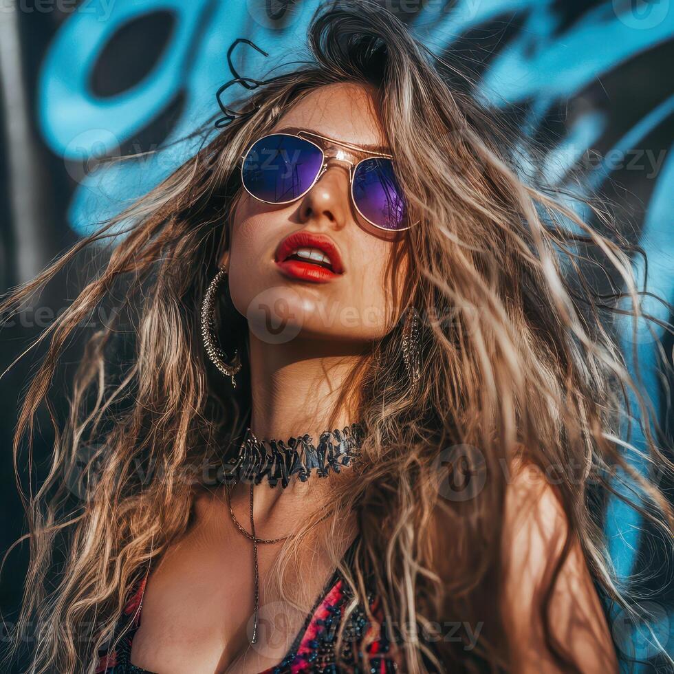 A beautiful young woman with long hair and sunglasses photo