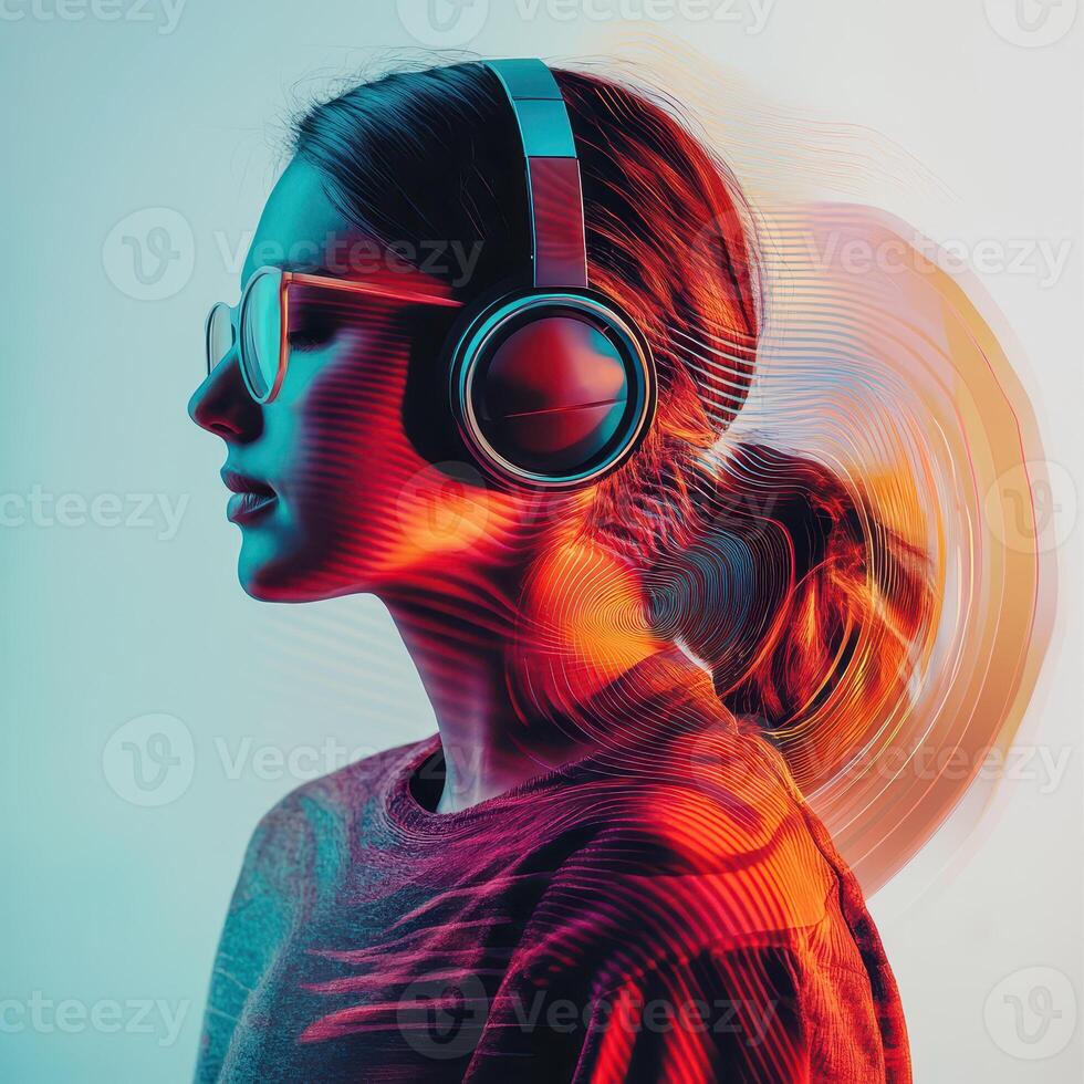 A woman with headphones on her head photo