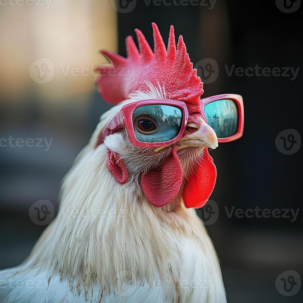 A close up of a chicken wearing red glasses photo