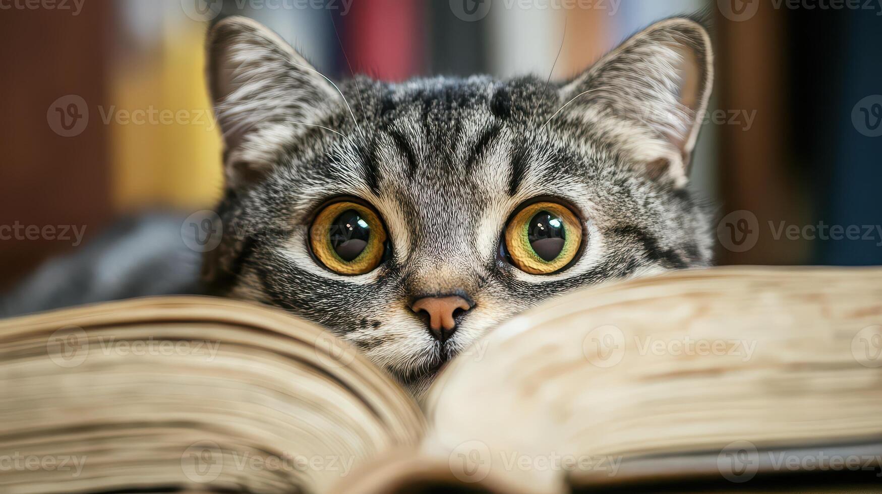 A cat is looking at the camera while reading a book photo