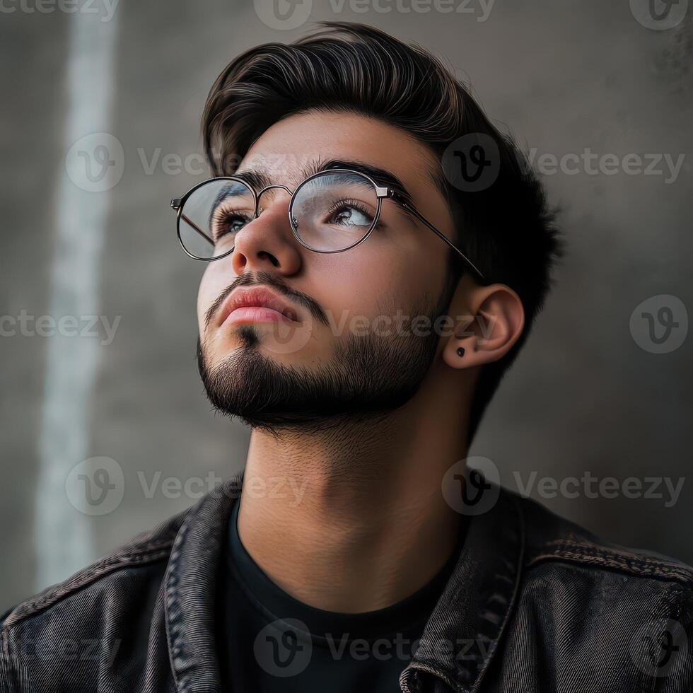 A man with glasses and a beard is looking up photo