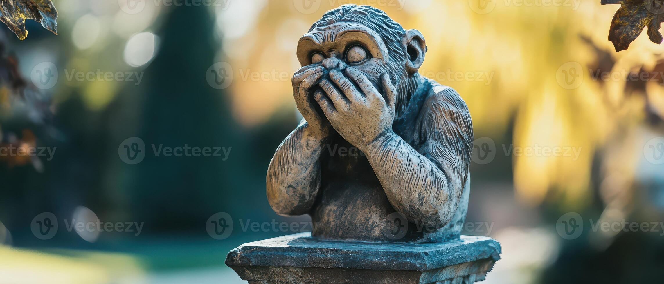 A statue of a monkey holding his hands to his face photo