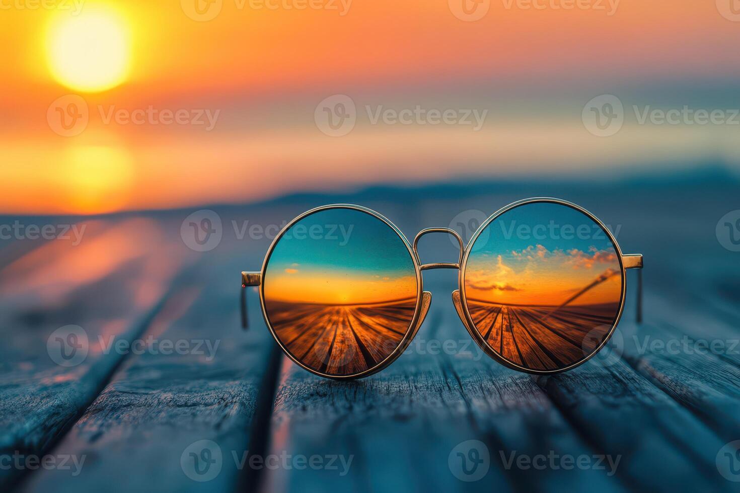 Sunglasses with sunset reflection on wooden table photo