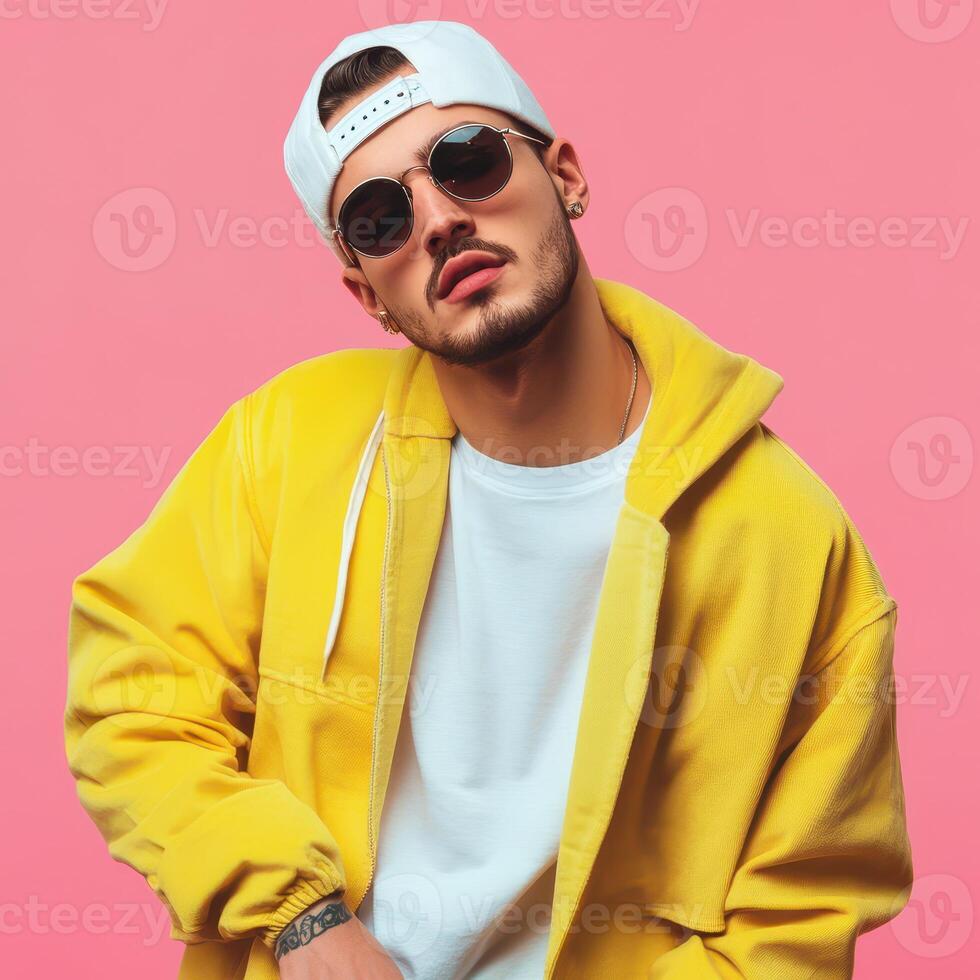 A man in a yellow jacket and sunglasses photo