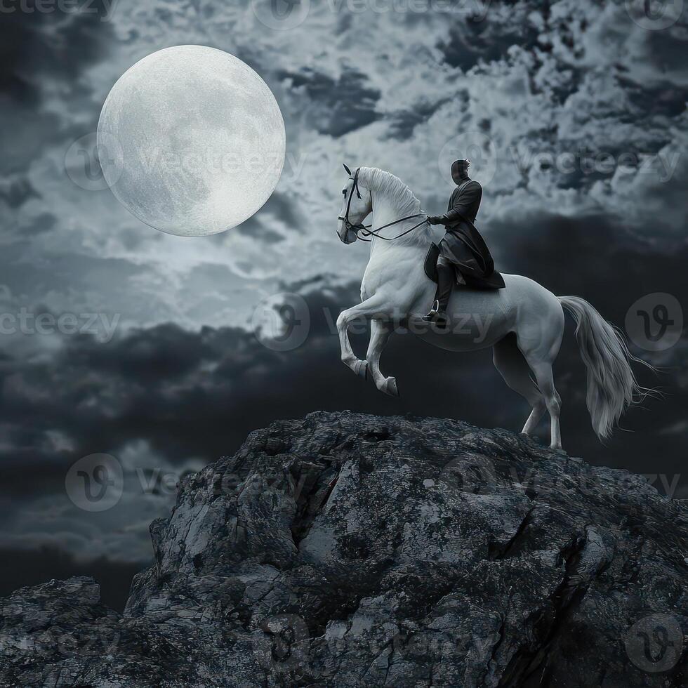 A man on a horse is riding in front of a full moon photo