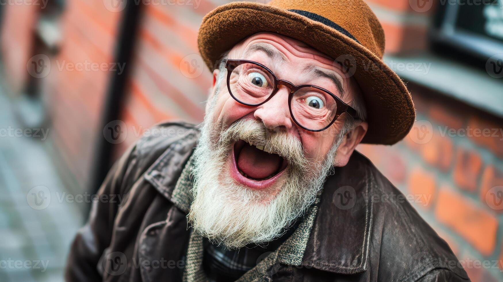 An old man with a hat and glasses is making a funny face photo