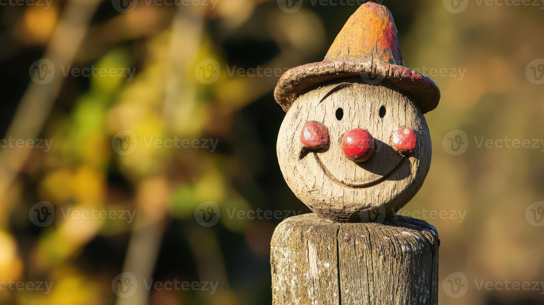 A wooden figure of a clown with a hat on top of a wooden post photo