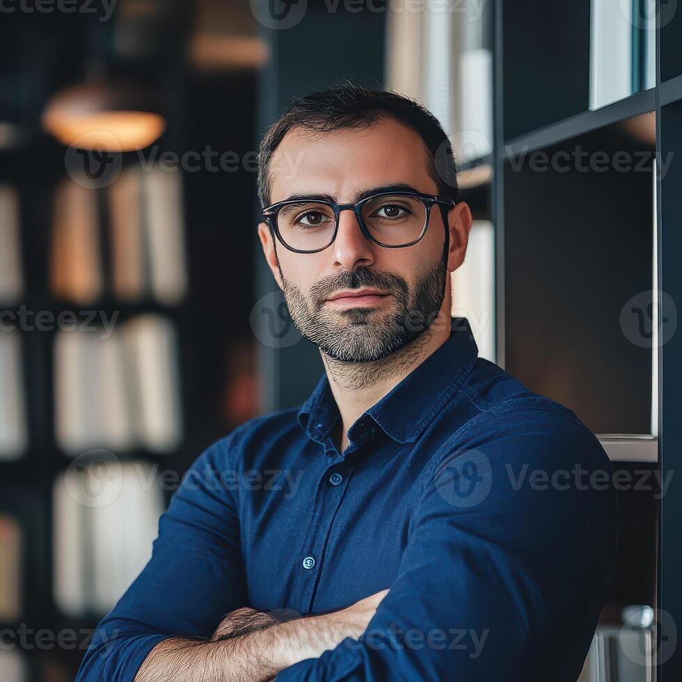 Portrait of a young man with glasses standing in front of bookshelves photo
