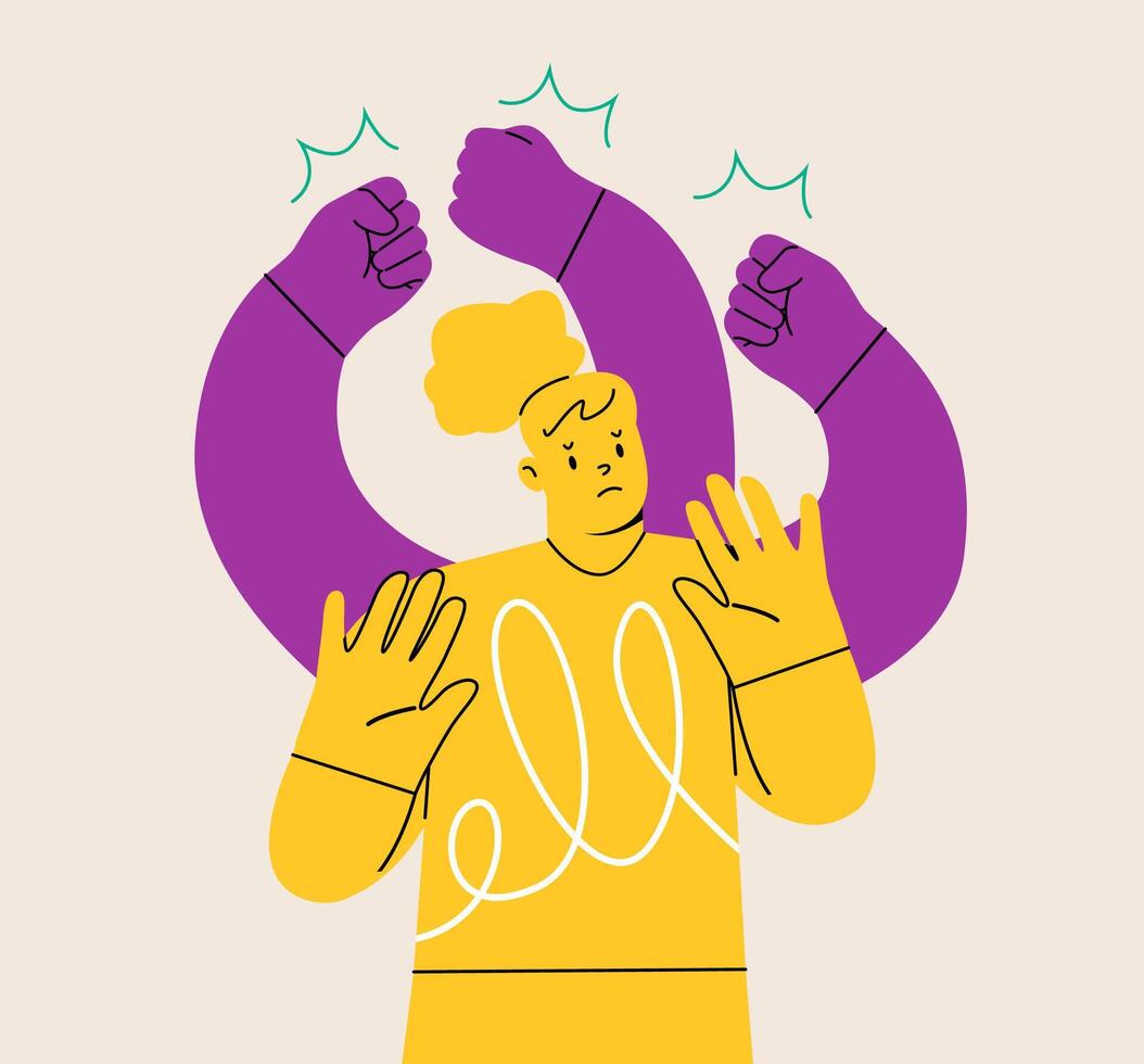 Upset female feeling anxiety and stress. Concept of self-harm. Colorful illustration vector