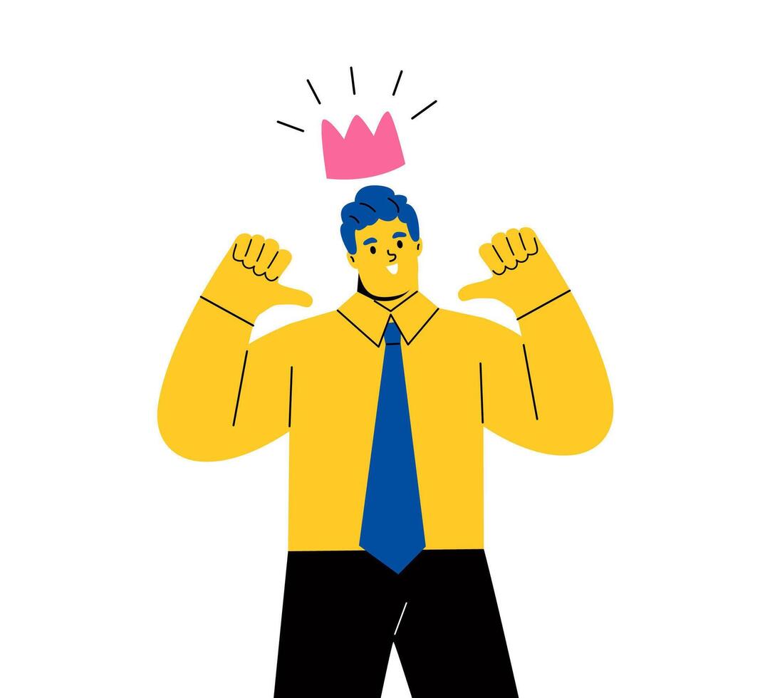 Business man pointing himself with both hands confident. Concept of positive self esteem. Flat illustration isolated on white background vector