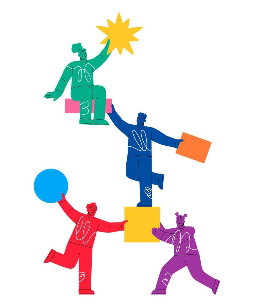 Creative team creating new, building abstract structure. Teamwork concept. Colorful illustration vector