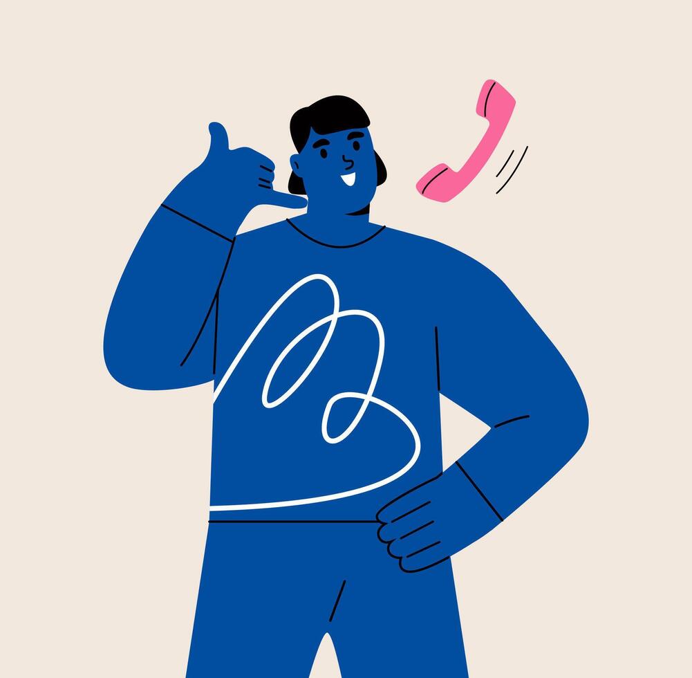 Happy woman use body languages asking to call on cellphone. Colorful illustration vector