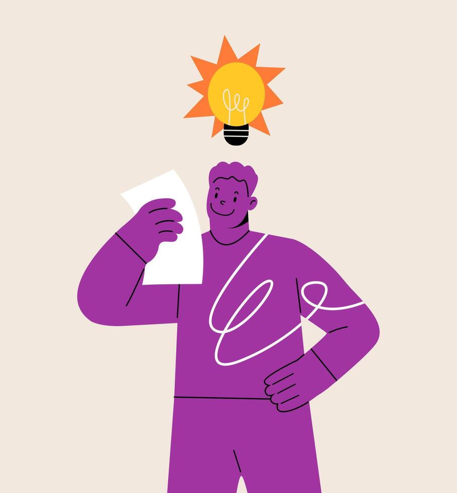 Happy man with light bulb. Discovery and invention concept. Colorful illustration vector