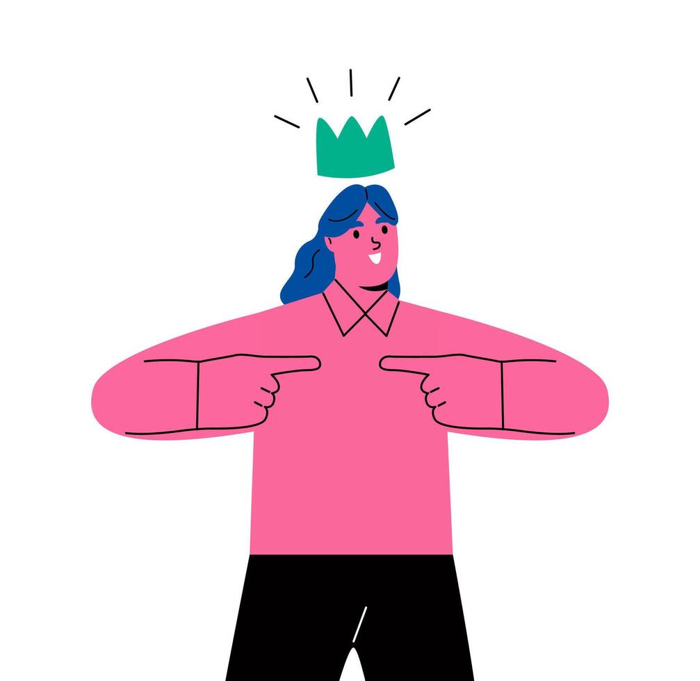 Business woman pointing himself with both hands confident. Concept of positive self esteem. Flat illustration isolated on white background vector