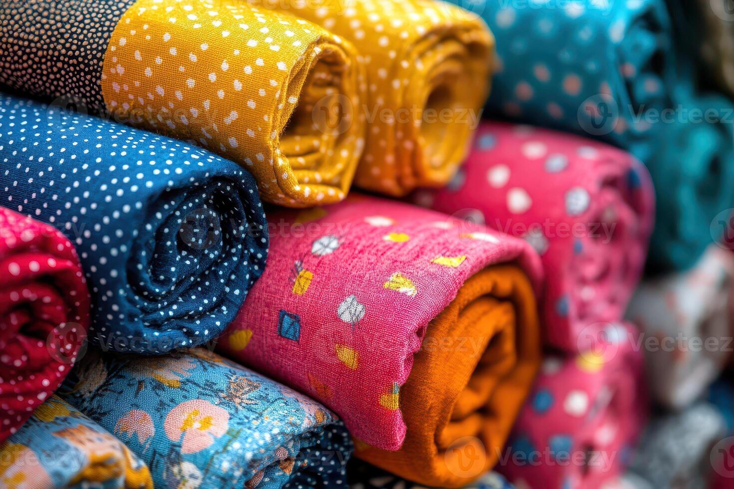Many colorful blankets are stacked together photo