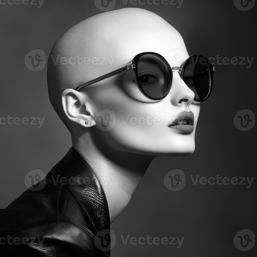 A woman with a bald head wearing sunglasses photo